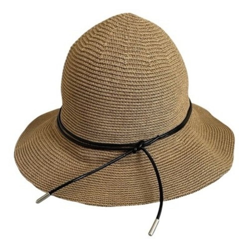 Women's Wide Brim Straw Sun Hat Beach Floppy Summer Linen Cap Black Leather Tie - Picture 5 of 7